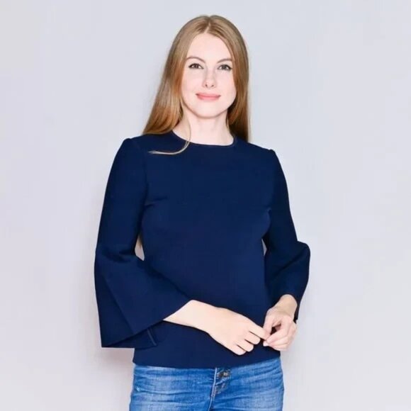 $1295 Perfect current ST. JOHN Navy Blue Knit Trumpet Sleeve Top womens Large L - Picture 3 of 8
